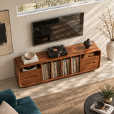 Designed as a media unit, this solid wood cabinet keeps turntable gear organized
