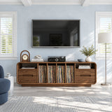 Functional TV cabinet in solid wood with vinyl record storage and side drawers inside
