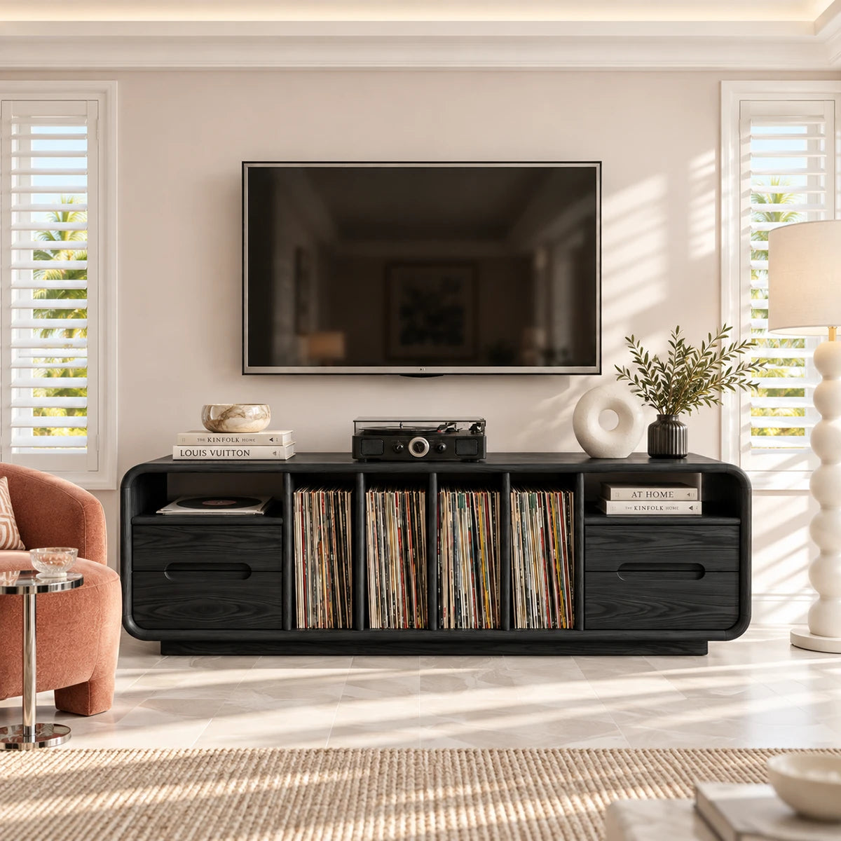 Clean lined entertainment console in solid wood with record slots and hidden storage
