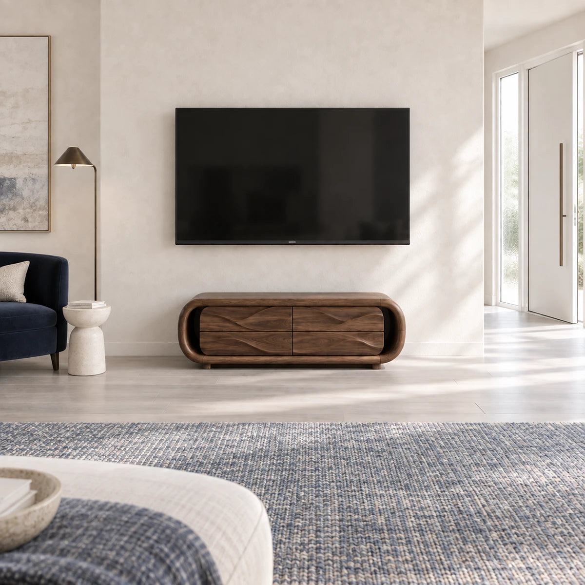 Minimalist television console in solid wood with six drawers and curved outer frame

