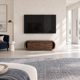 Minimalist television console in solid wood with six drawers and curved outer frame
