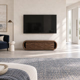 Low media storage cabinet in solid wood with rounded profile and wave front panels
