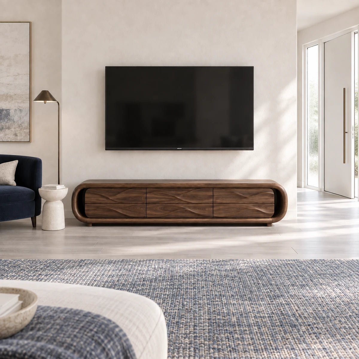 Modern television media cabinet in solid wood with rounded ends and wave drawers