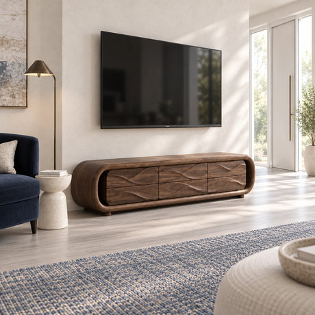 Rounded solid wood TV stand with wave-front drawers in a bright modern living room
