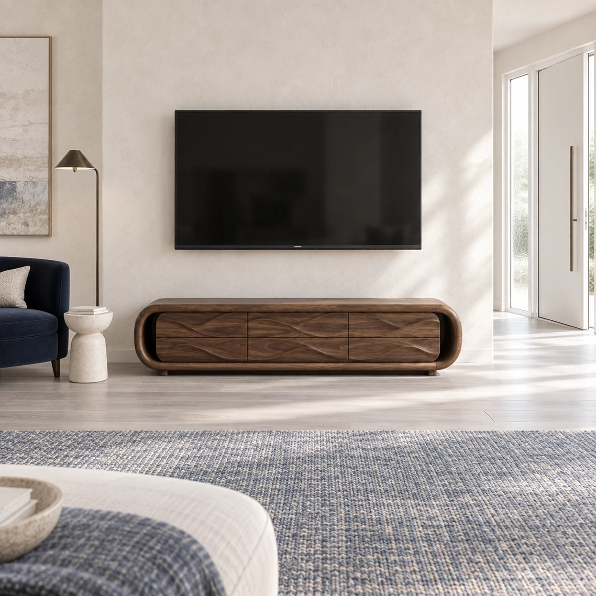 Modern entertainment center in solid wood with six drawers and rounded side ends
