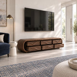 Sleek media cabinet in solid wood with rounded frame and sculptural wave detailing

