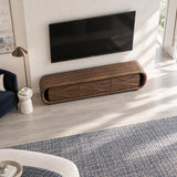 Contemporary TV console in solid wood with carved wave drawers and rounded edges
