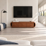 Elegant entertainment unit in solid wood with streamlined form and six-drawer storage
