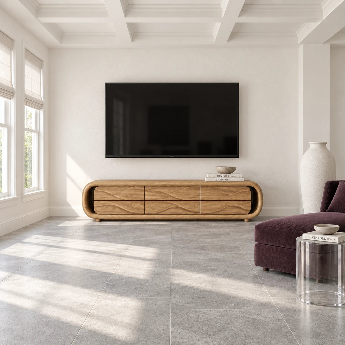 Designer TV media unit in solid wood with curved corners and textured drawer fronts
