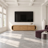Designer TV media unit in solid wood with curved corners and textured drawer fronts
