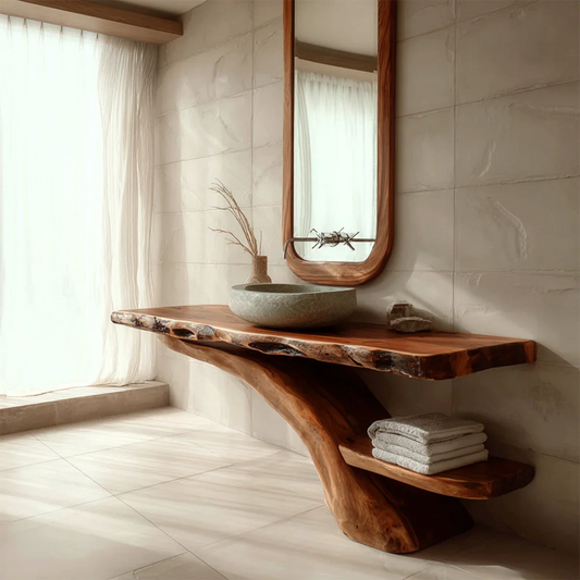 Modern bathroom with brown wood bathroom vanity and stone vessel sink.