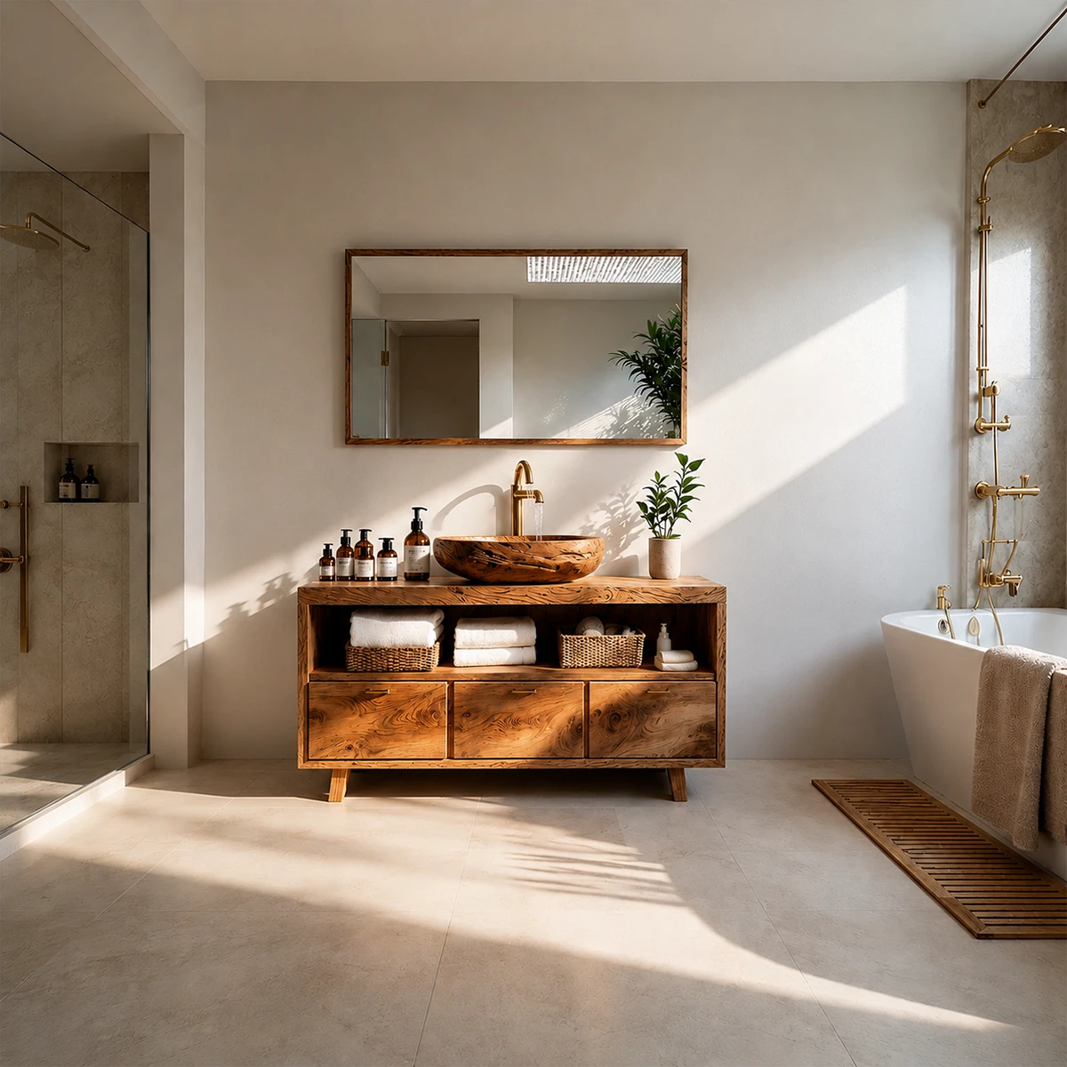 Rustic Natural Solid Wood Bathroom Vanity With Open Shelf And Drawers - ArborisWood - 13