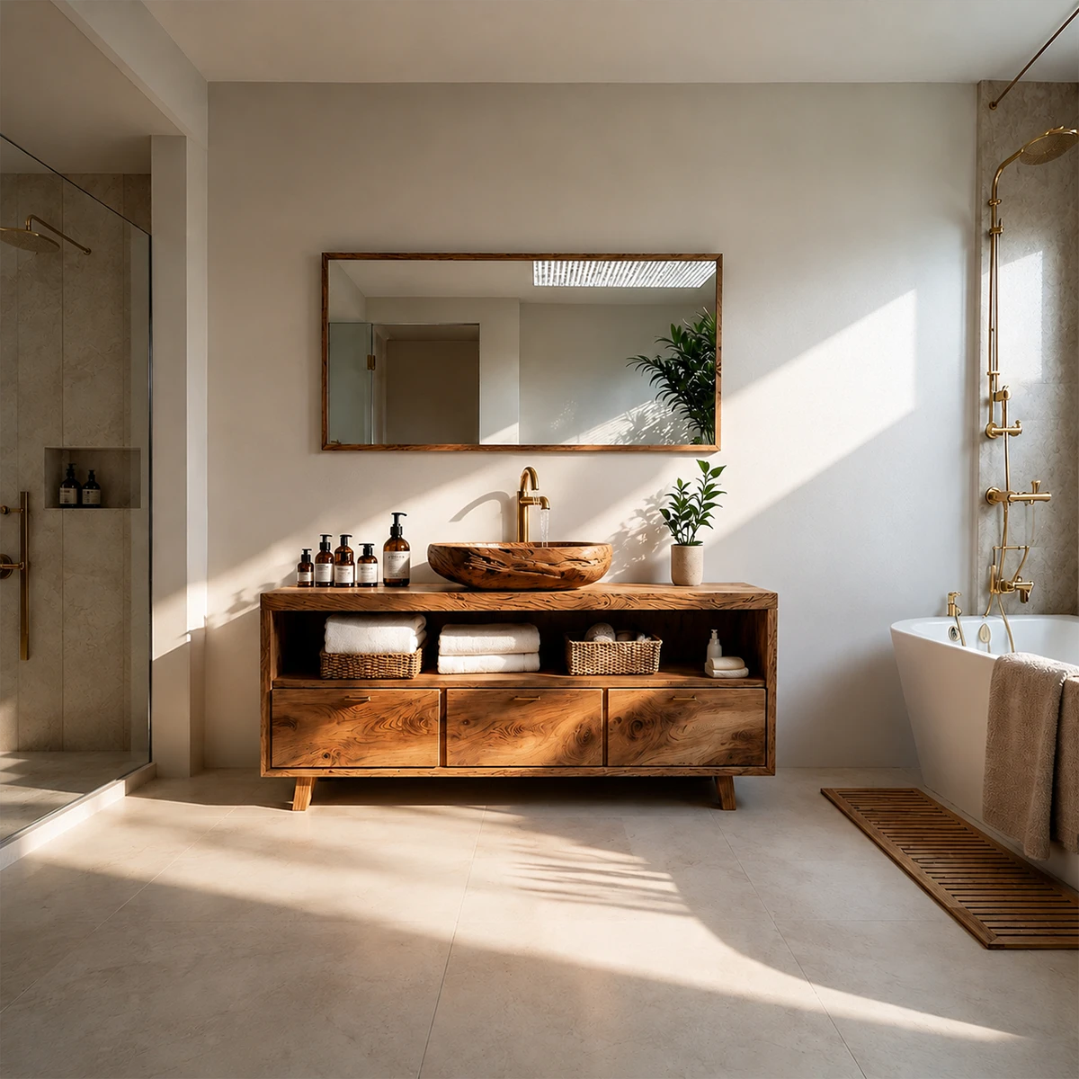 Rustic Natural Solid Wood Bathroom Vanity With Open Shelf And Drawers - ArborisWood - 14