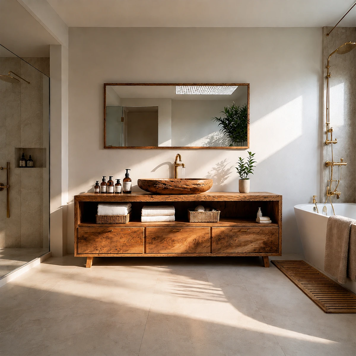 Rustic Natural Solid Wood Bathroom Vanity With Open Shelf And Drawers - ArborisWood - 15