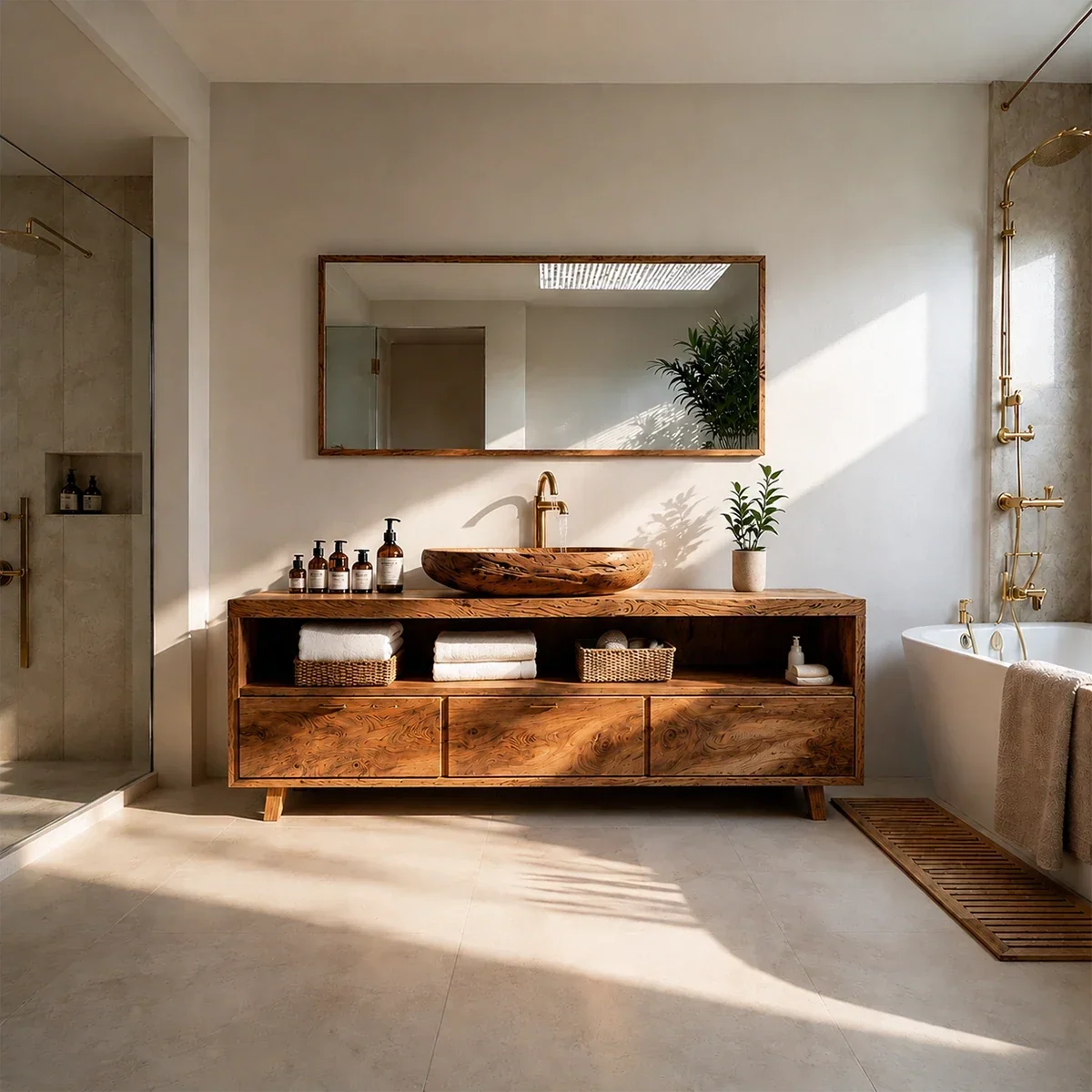 Rustic Natural Solid Wood Bathroom Vanity With Open Shelf And Drawers - Arboriswood - 15