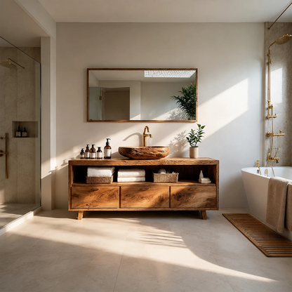 Rustic Natural Solid Wood Bathroom Vanity With Open Shelf And Drawers - ArborisWood - 2