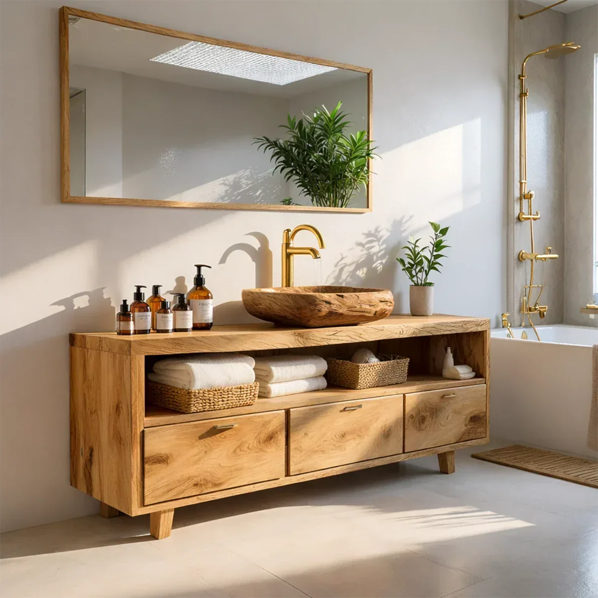 Rustic Natural Solid Wood Bathroom Vanity With Open Shelf And Drawers - Arboriswood - 9