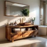 Rustic Natural Solid Wood Bathroom Vanity With Open Shelf And Drawers - Arboriswood