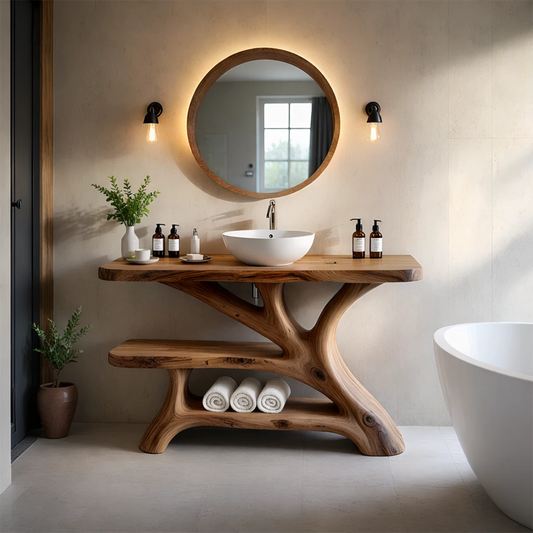 Rustic brown wood bathroom vanity with organic base