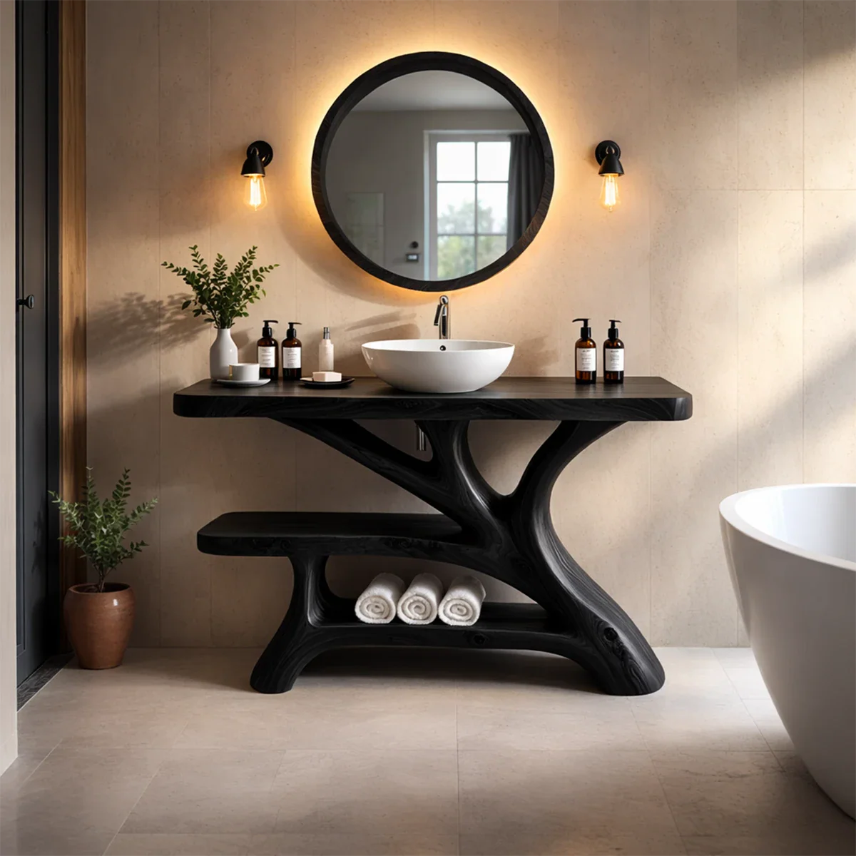 Rustic brown wood vanity with sculptural support