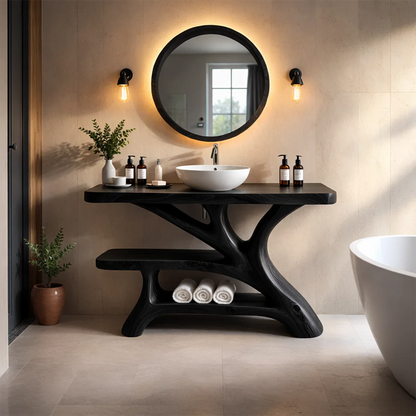 Rustic brown wood vanity with sculptural support