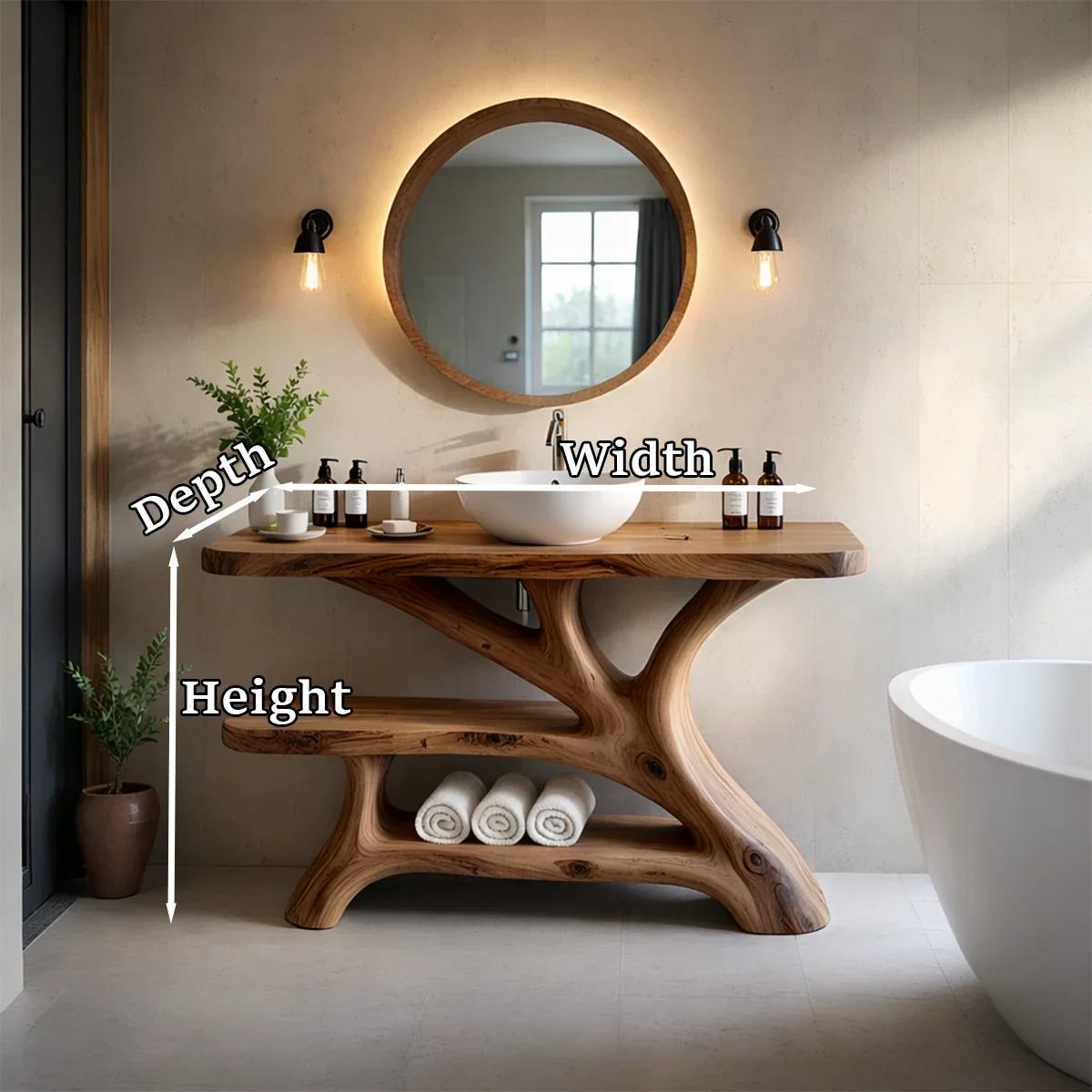 Solid brown wood vanity with organic structure