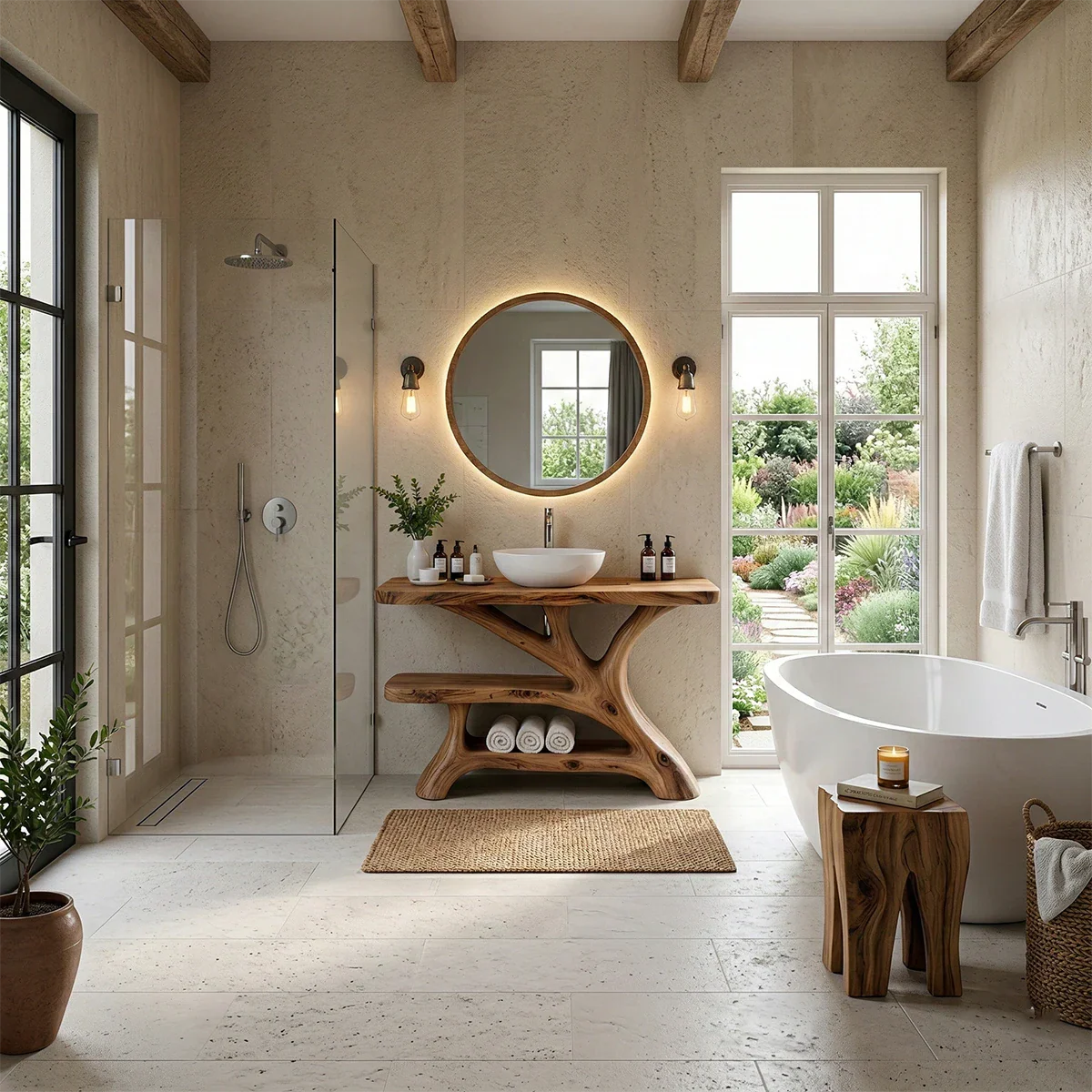 Natural brown wood bathroom vanity with sculpted base