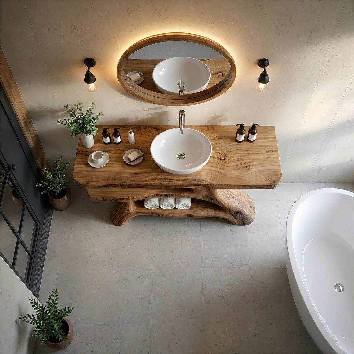 Designer brown wood vanity with natural wood support