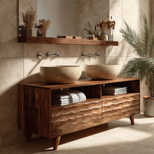 Rustic walnut double bathroom vanity with carved front panels