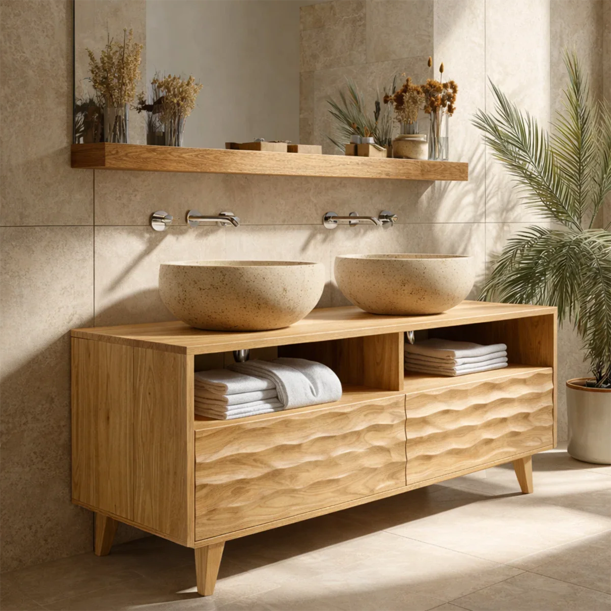 Luxury walnut double bathroom vanity with carved wood front design