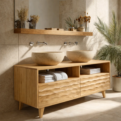 Luxury walnut double bathroom vanity with carved wood front design