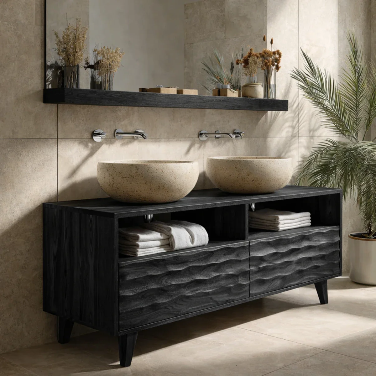 Modern rustic walnut bathroom vanity with open shelf storage