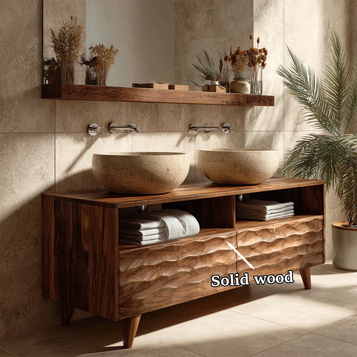 Walnut double bathroom vanity with decorative carved wooden panels
