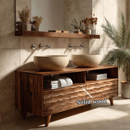 Walnut double bathroom vanity with decorative carved wooden panels
