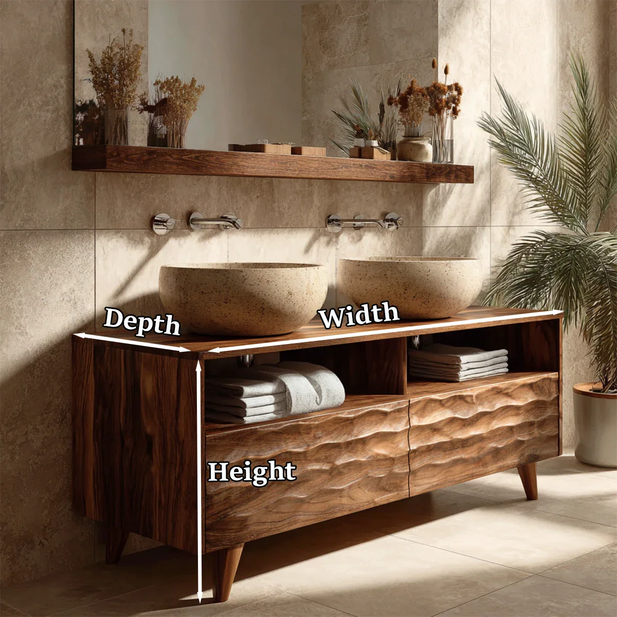 Stylish walnut double bathroom vanity with natural stone vessel basins