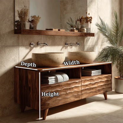 Stylish walnut double bathroom vanity with natural stone vessel basins