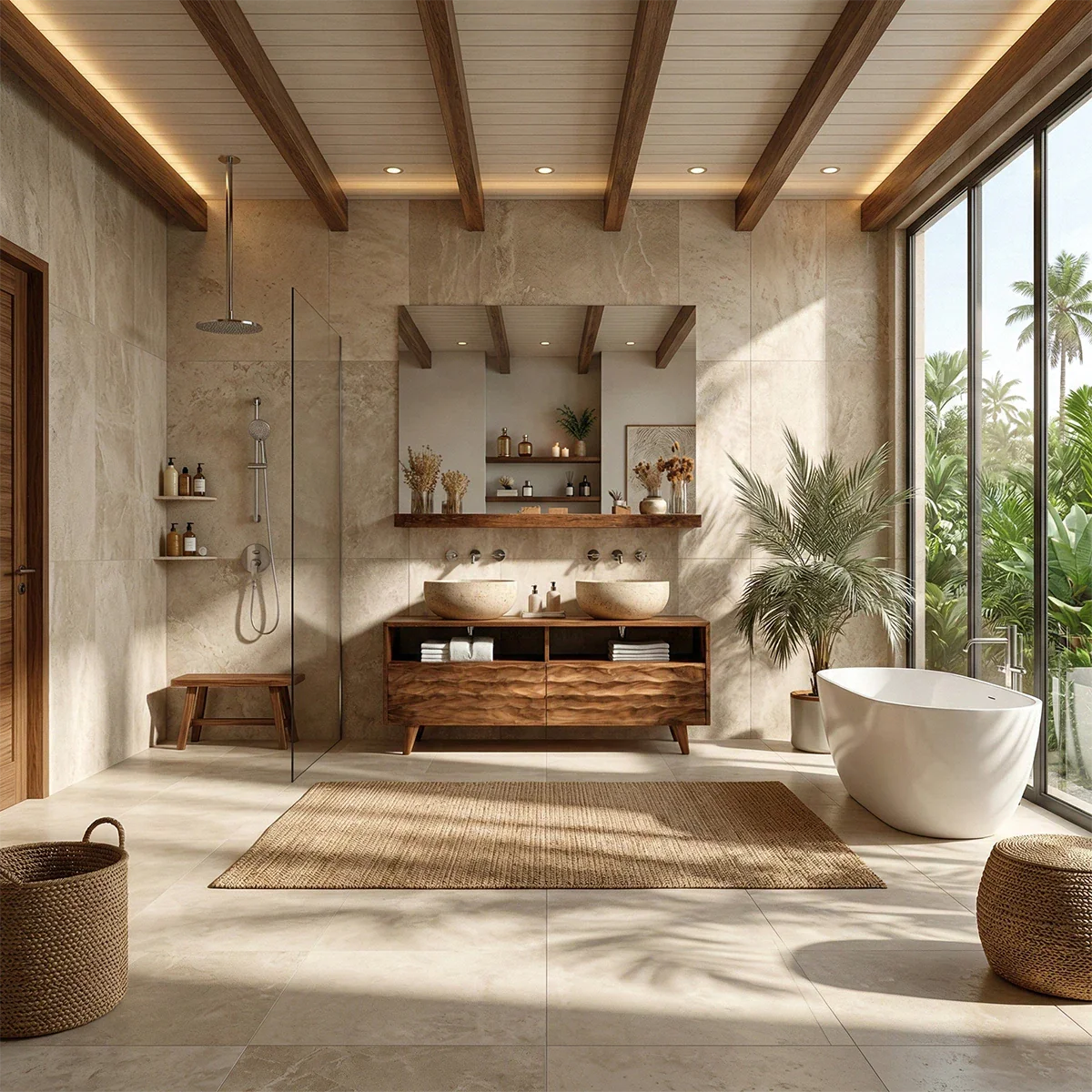 Natural walnut double bathroom vanity with stone vessel sinks