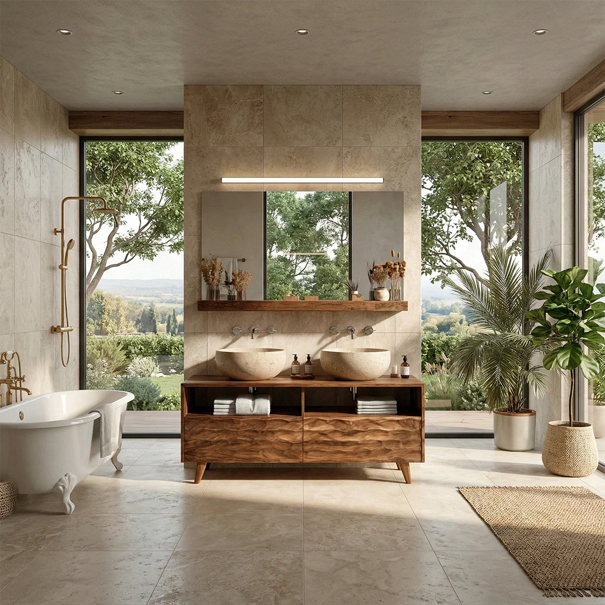 Solid walnut double bathroom vanity with open towel storage