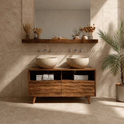 Double Sink Natural Solid Wood Bathroom Vanity With Hand-Carved Texture