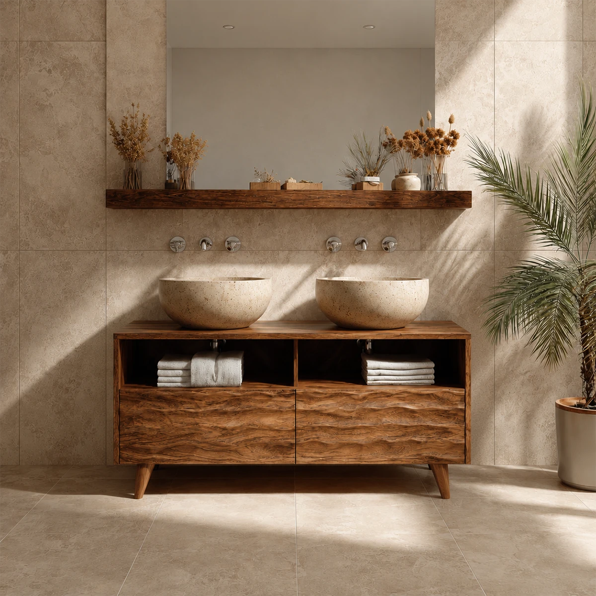 Double Sink Natural Solid Wood Bathroom Vanity With Hand-Carved Texture