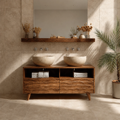 Double Sink Natural Solid Wood Bathroom Vanity With Hand-Carved Texture