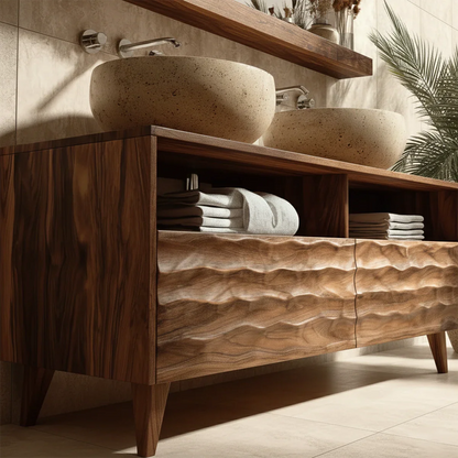 Designer walnut bathroom vanity with dual stone bowl sinks