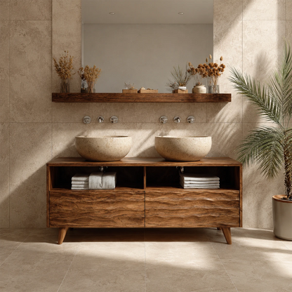 Double Sink Natural Solid Wood Bathroom Vanity With Hand-Carved Texture