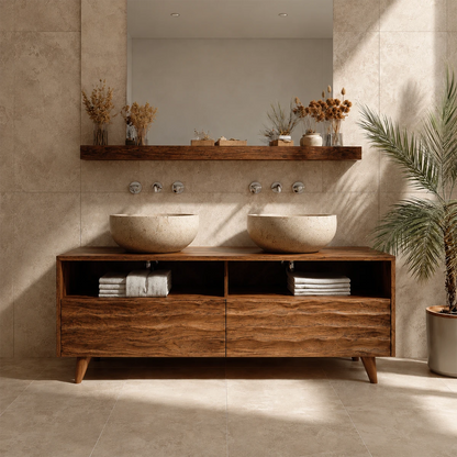 Double Sink Natural Solid Wood Bathroom Vanity With Hand-Carved Texture
