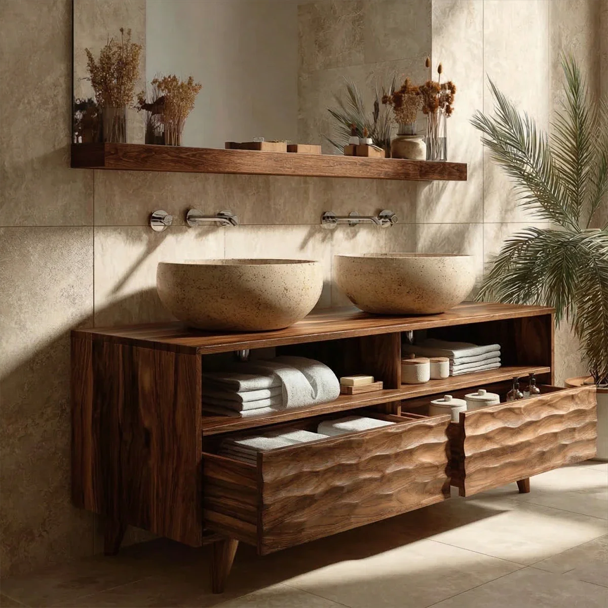 Elegant walnut bathroom vanity with double vessel sink setup