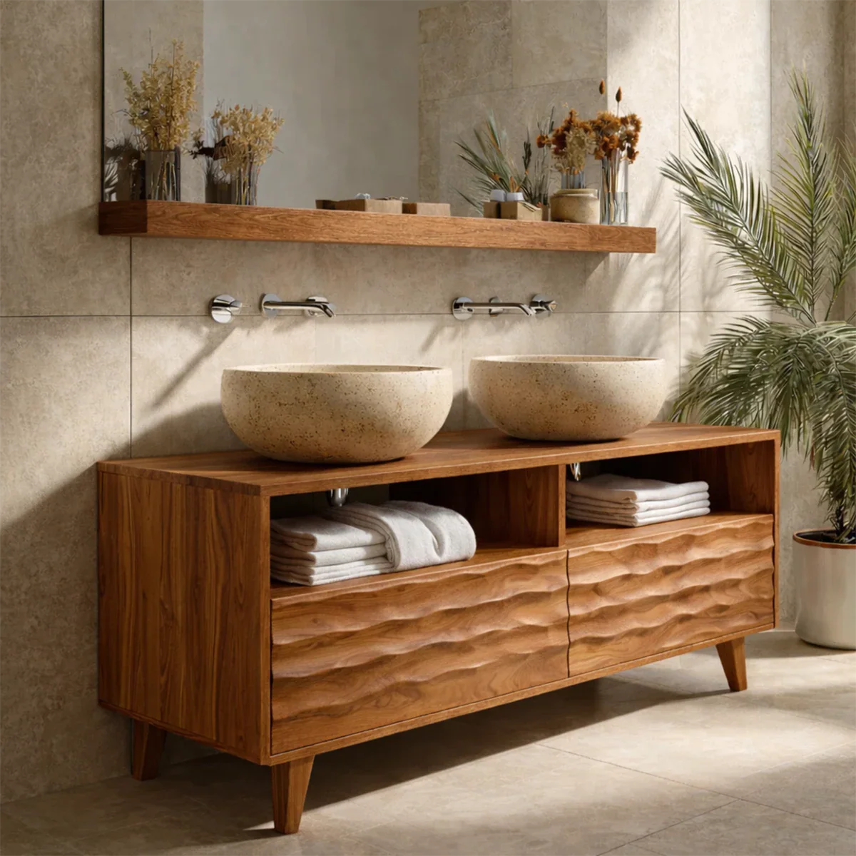 Rustic walnut bathroom vanity with natural wood grain pattern