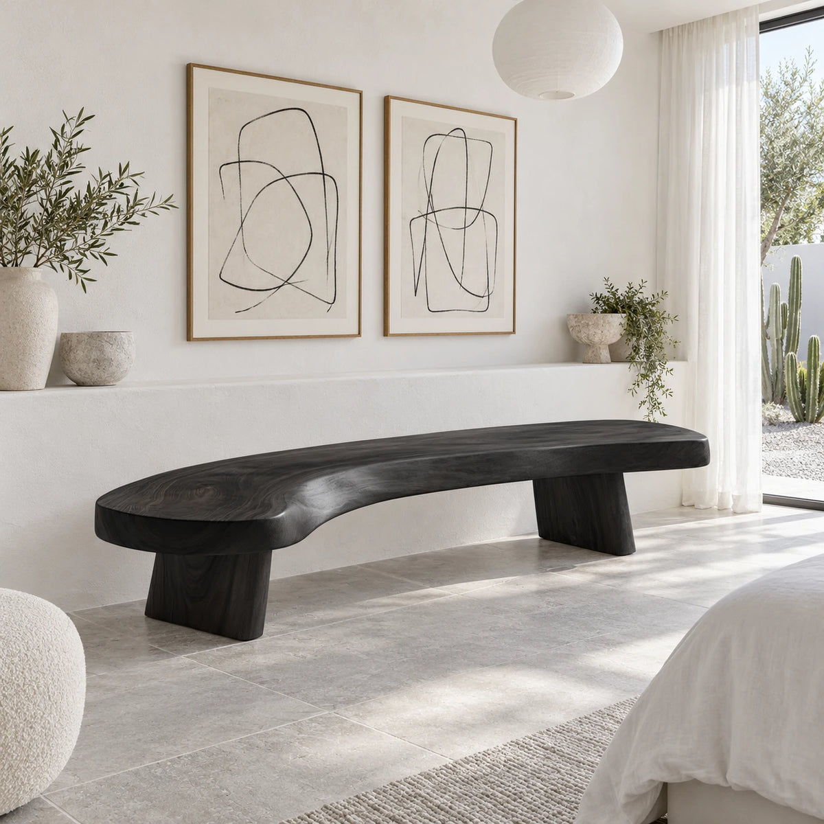 Rustic Wood Bench with Curved Live-Edge Slab Seat on Twin Pedestal Block Legs - Arboriswood - 10
