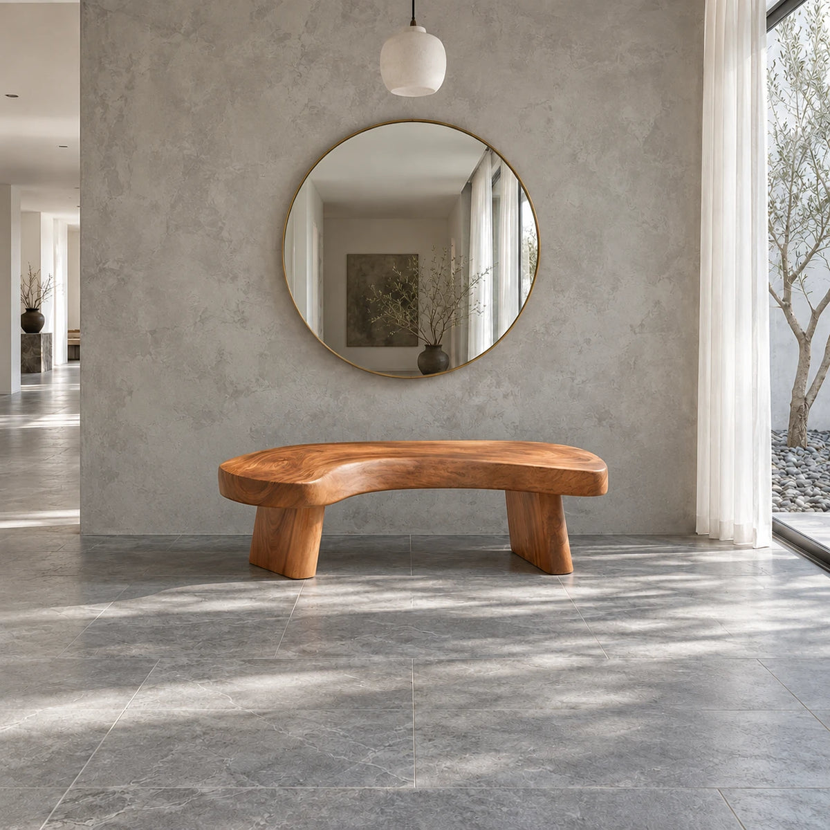 Rustic Wood Bench with Curved Live-Edge Slab Seat on Twin Pedestal Block Legs - Arboriswood - 11
