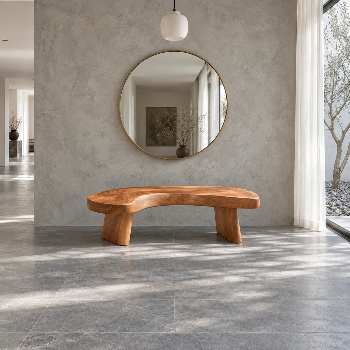 Rustic Wood Bench with Curved Live-Edge Slab Seat on Twin Pedestal Block Legs - Arboriswood - 12