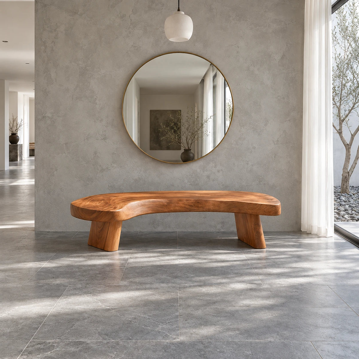 Rustic Wood Bench with Curved Live-Edge Slab Seat on Twin Pedestal Block Legs - Arboriswood - 13